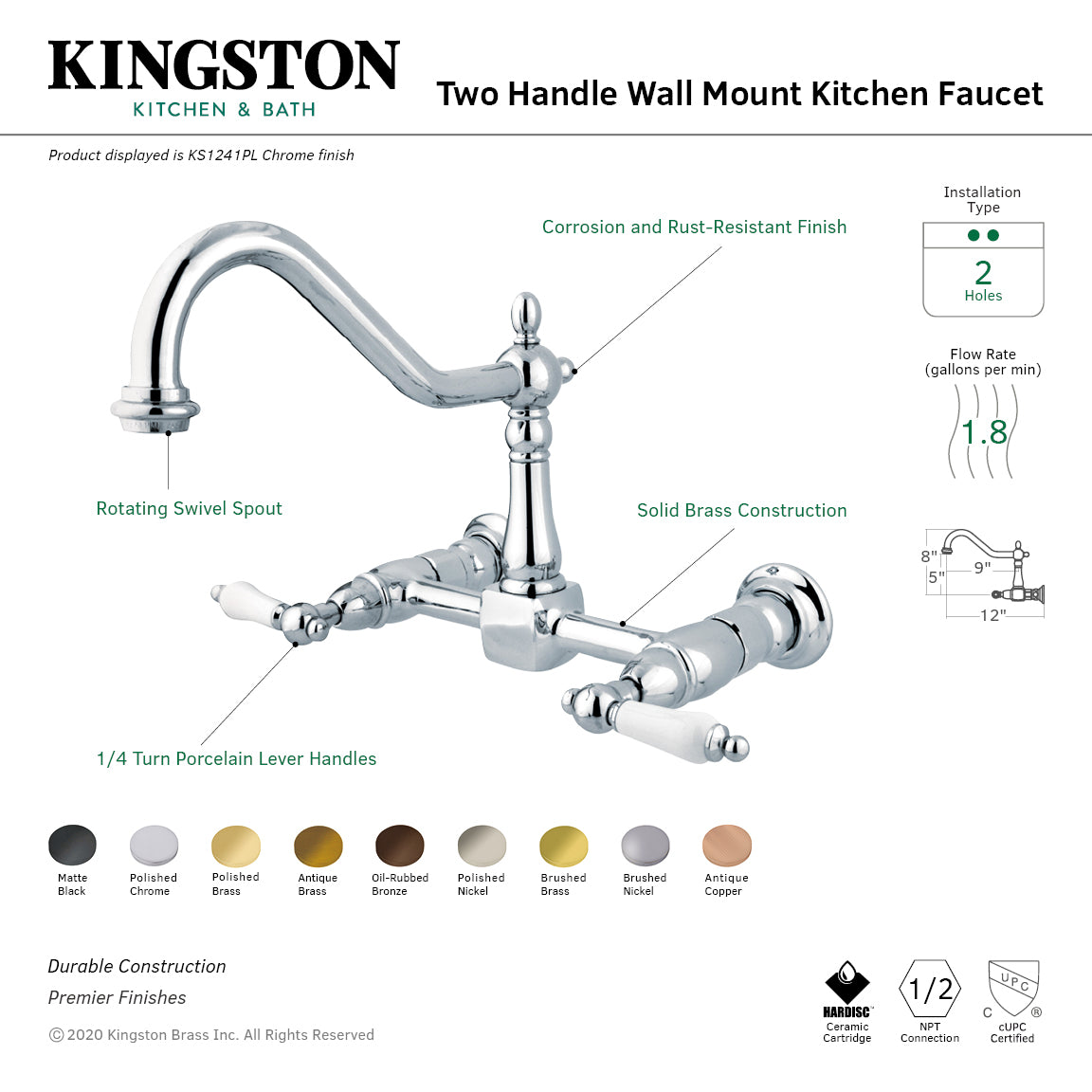 Kingston Heirloom KS1241PL - Heritage Two-Handle 2-Hole Wall Mount Bridge Kitchen Faucet, Polished Chrome — thumbnail 2